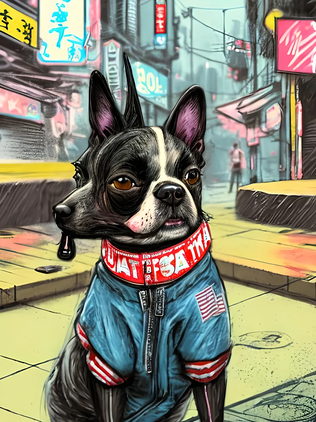 Prompt: pop art chalk pastel art of detailed dog wearing USA clothes playing in the streets in cyberpunk japan during a festival, sketch, detailed background, highres, fun atmosphere, natural lighting,  abstract, fun