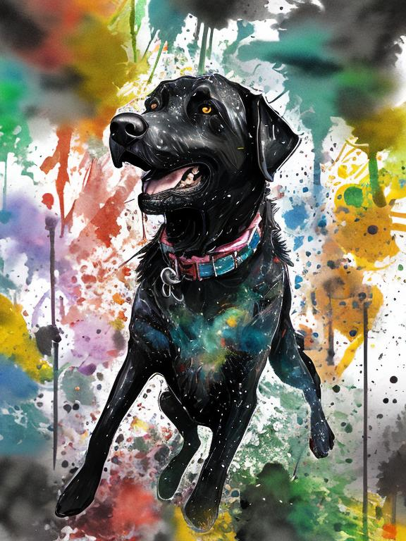 Prompt: a black dog wearing clothes having fun in the streets, water color, sketch, detailed background, highres