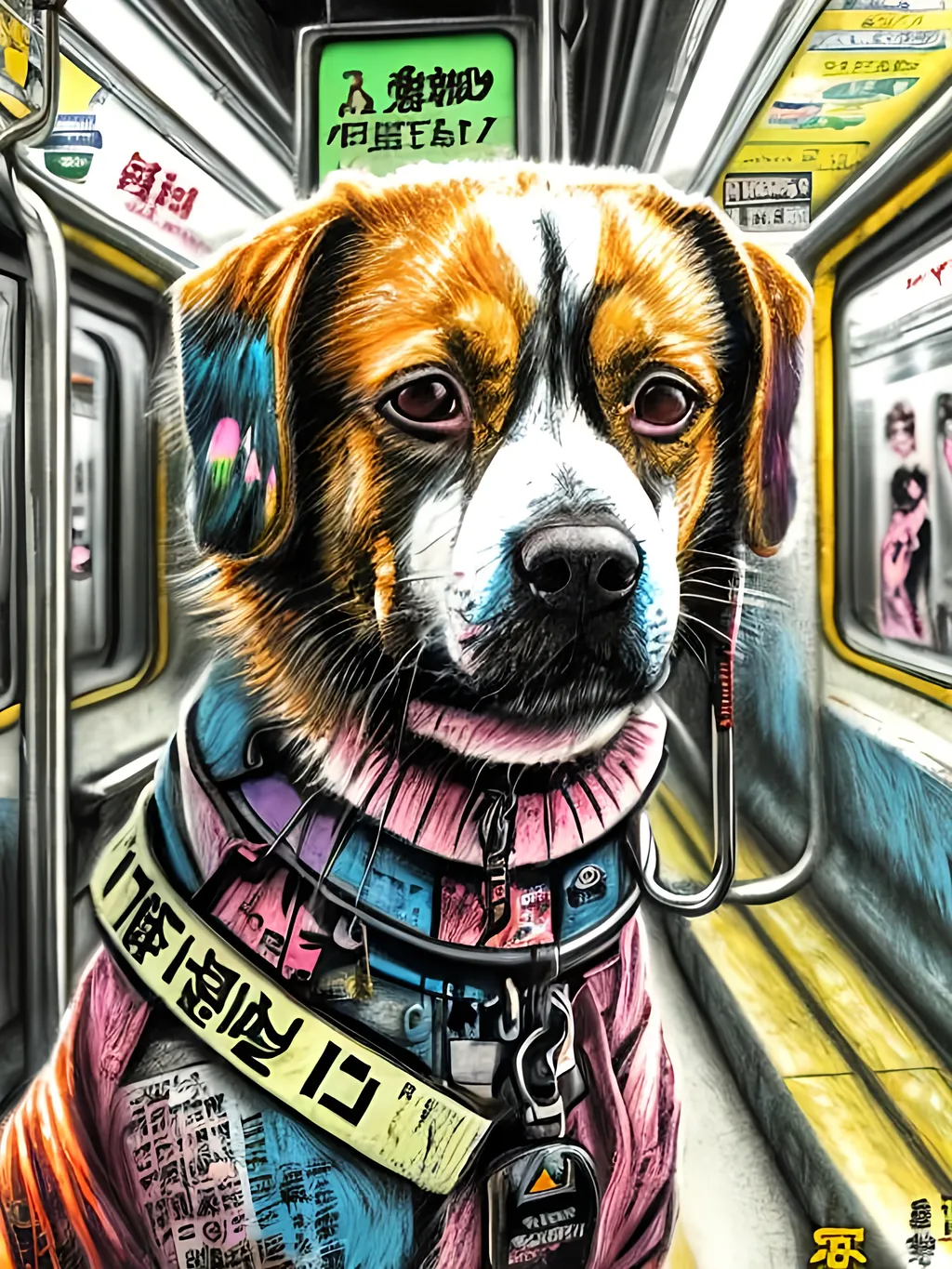 Prompt: pop art chalk pastel art of detailed dog on a train in cyberpunk japan during a festival, sketch, detailed background, highres, fun atmosphere, natural lighting,  abstract, fun