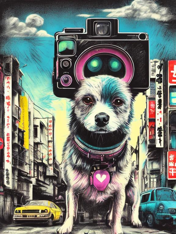 Prompt: pop art chalk pastel art of a detailed dog with a polaroid camera on the streets in post-apocalyptic Japan during a festival with planes in the background, sketch, detailed background, highres, fun atmosphere, natural lighting,  abstract, fun