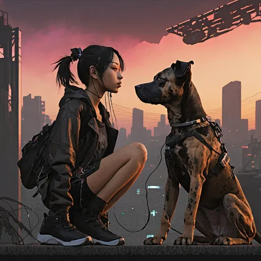 Prompt: sunset cyberpunk city with dogs black mountain cur and asian girl
