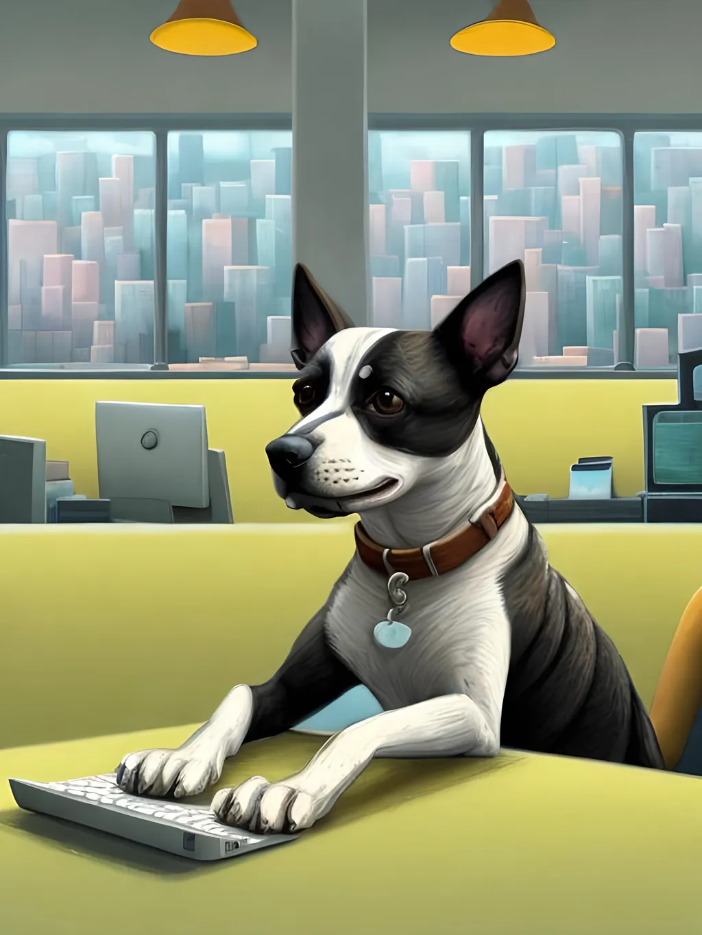 Prompt: chalk pastel style of a  detailed dog typing at a desk in a modern city office, sketch, detailed background, highres, fun atmosphere, natural lighting,  abstract, fun