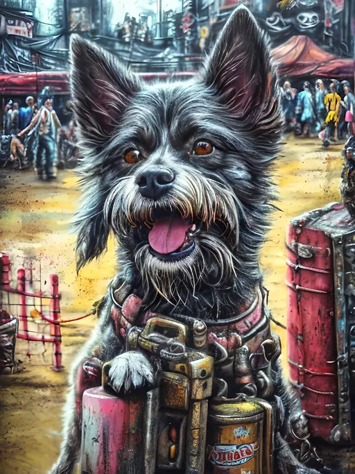 Prompt: Detailed happy dog at a circus, post-apocalyptic Japan festival, chalk pastel, detailed planes, grunge, highres, abstract, natural lighting, lively atmosphere, fun, vibrant, happy-go-lucky, detailed dogs, detailed eyes, detailed fur, festive, flying, post-apocalyptic, Japan, chalk pastel, detailed background, grunge style, abstract art, high quality, natural lighting