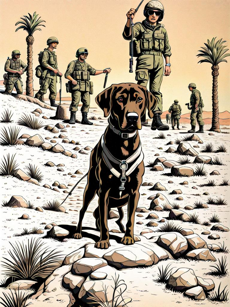 Prompt: black mountain cur dog in military gear in egypt 90s poster