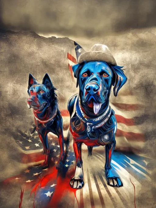 Prompt: Surreal, abstract art of black dogs in patriotic clothing, cowboy hat, high contrast, dreamlike, otherworldly, fun atmosphere, mysterious, USA, surreal style, professional art, abstract, highres, vibrant colors, atmospheric lighting