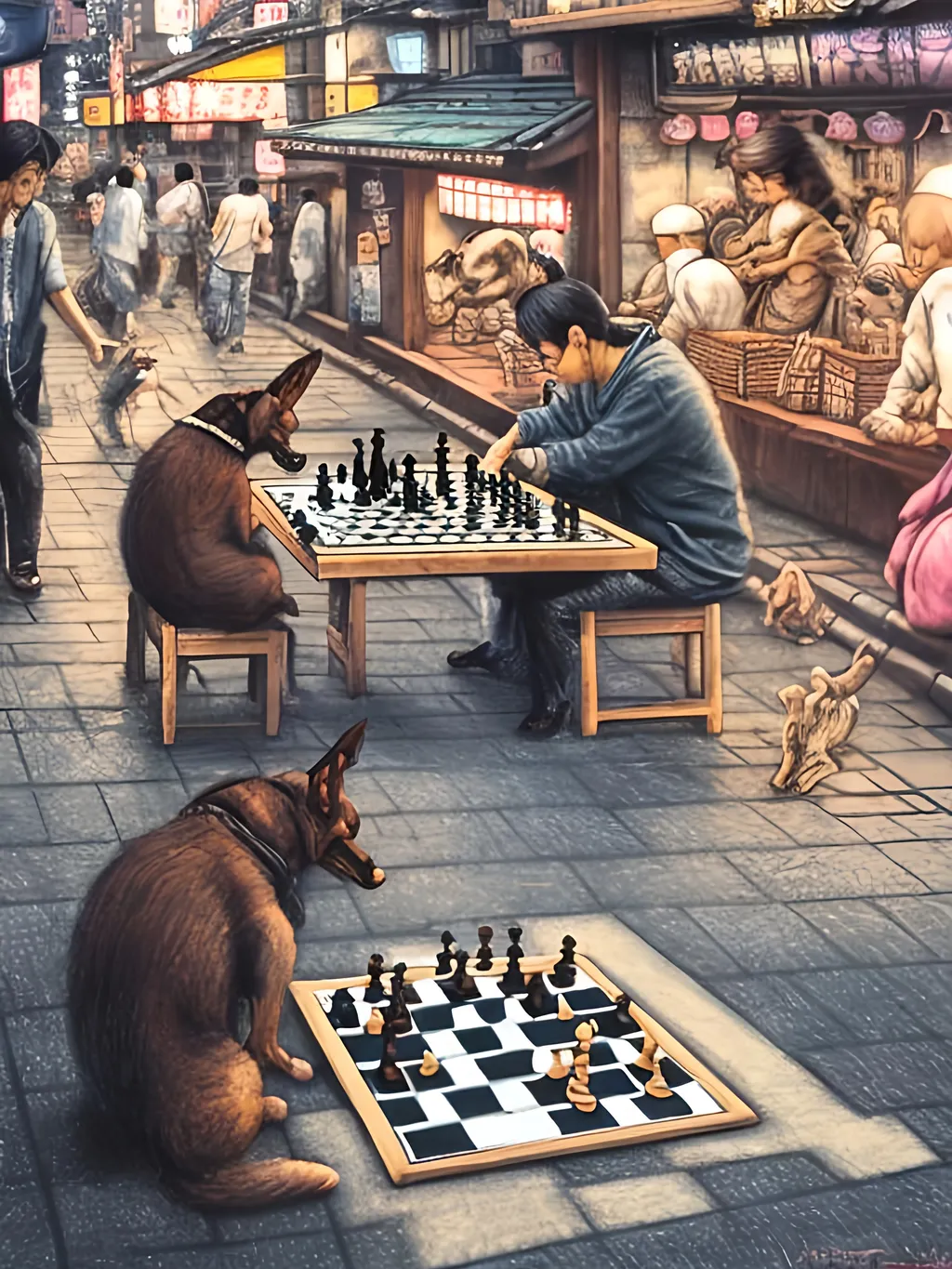 Prompt: chalk pastel art of detailed dog playing chess in the streets in Japan during a festival, sketch, detailed background, highres, fun atmosphere, natural lighting,  abstract, fun