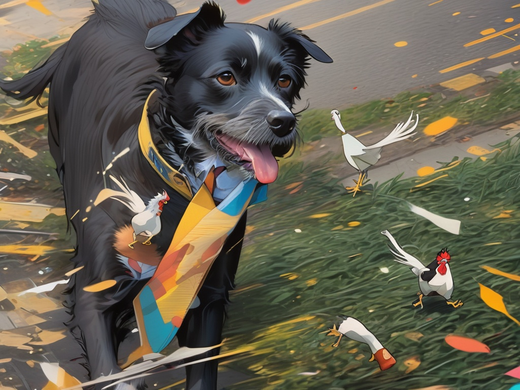 Prompt: a black dog wearing clothes chasing a chicken in the streets, dogs, abstract art, Action Painting, Screen print, splash screen art, digital art, 8k resolution trending on Artstation, golden ratio, akira, symmetrical, rule of thirds, geometric bauhaus, Studio Ghibli, Anime Key Visual, by Makoto Shinkai, Deep Color, Intricate, Beautiful Composition