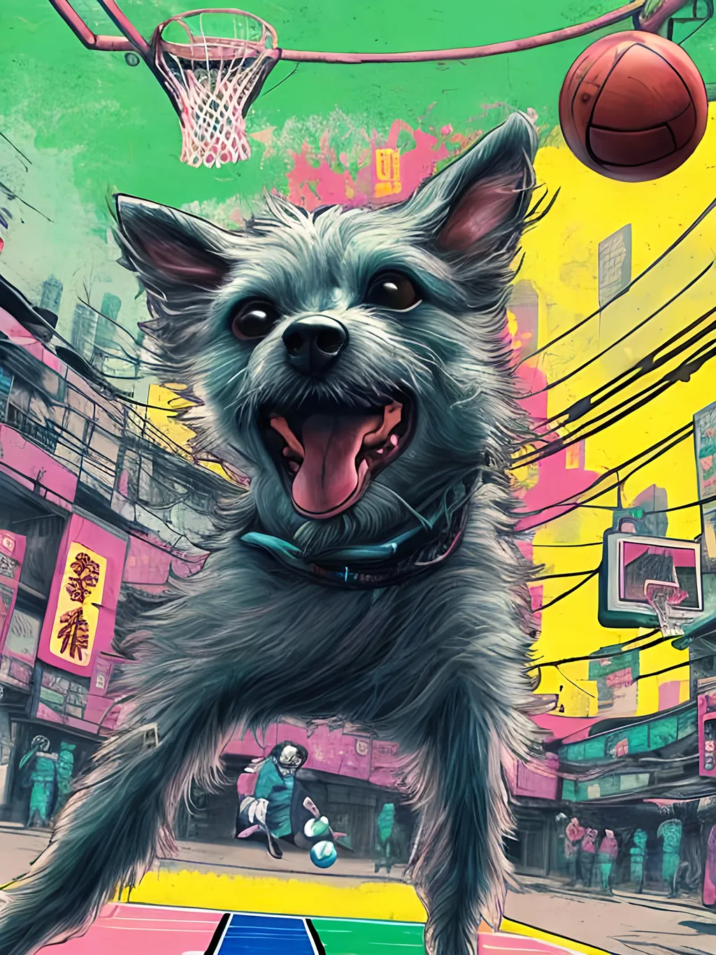 Prompt: pop art chalk pastel art of detailed dog playing basket ball game in cyberpunk japan, sketch, detailed background, highres, fun atmosphere, natural lighting,  abstract, fun