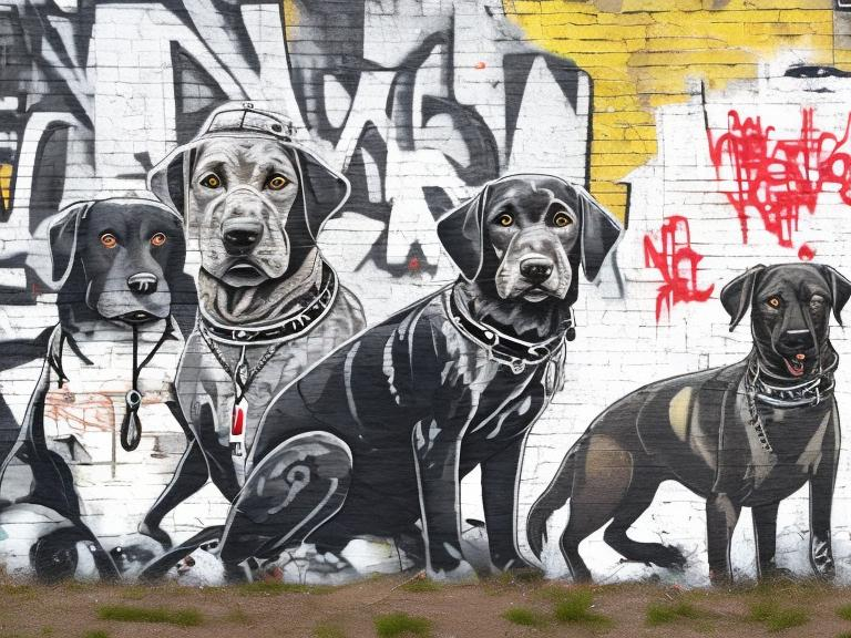 Prompt: mountain cur black dogs in gangster clothing graffiti