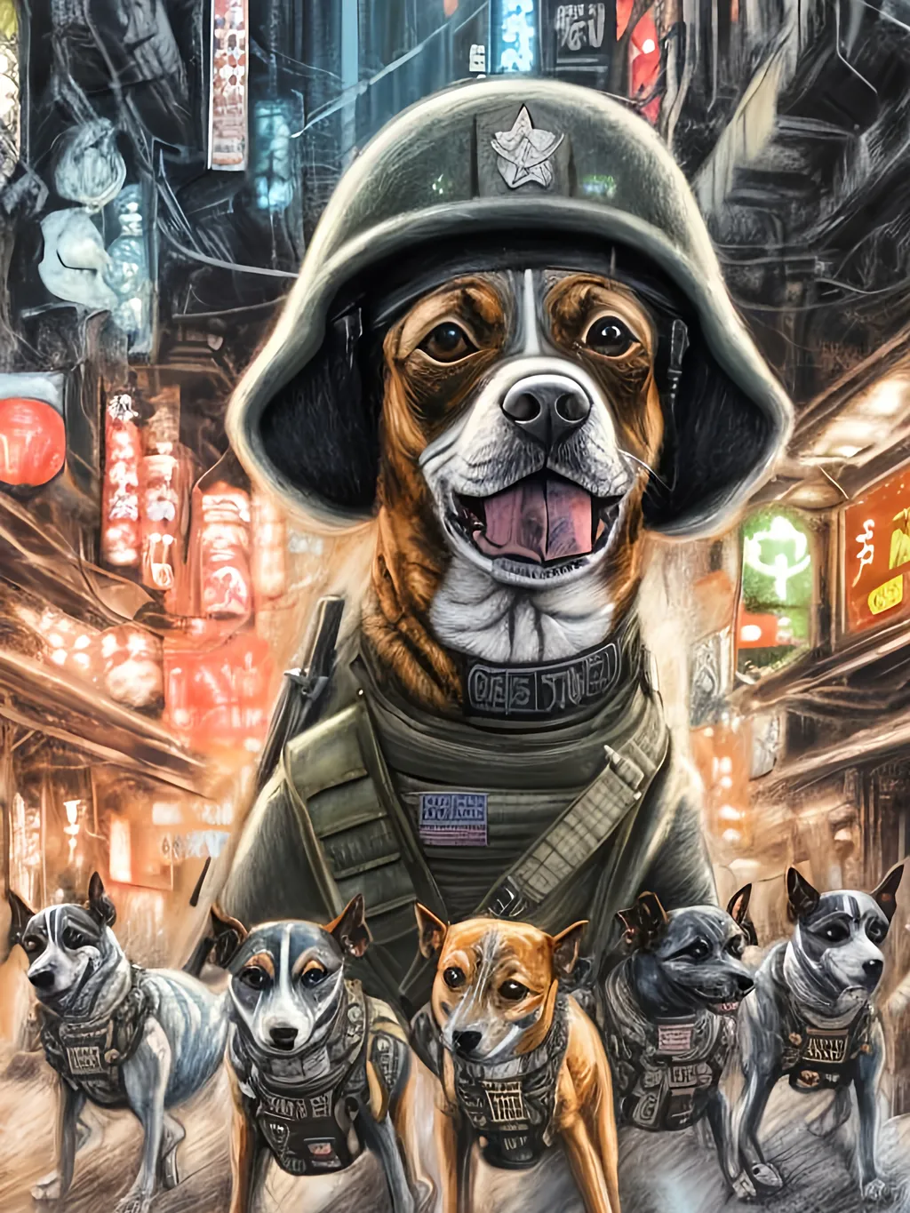 Prompt: chalk pastel art of a detailed dogs wearing military uniforms on the streets in cyberpunk japan during a festival, sketch, detailed background, highres, fun atmosphere, natural lighting,  abstract, fun