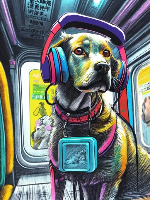 Prompt: pop art chalk pastel art of a detailed dog listening to music on the train in cyberpunk japan during a festival, sketch, detailed background, highres, fun atmosphere, natural lighting,  abstract, fun