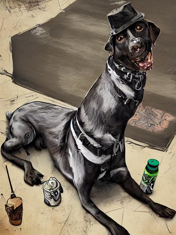 Prompt: mountain cur black dog in gangster clothing graffiti