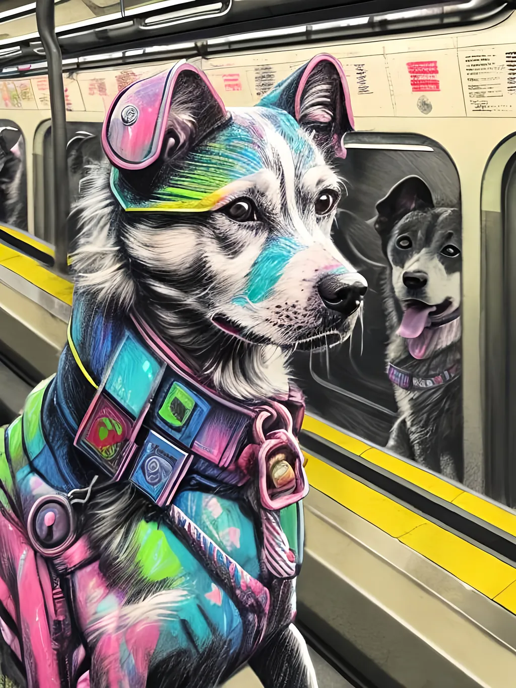 Prompt: pop art chalk pastel art of detailed dog on a train in cyberpunk japan during a festival, sketch, detailed background, highres, fun atmosphere, natural lighting,  abstract, fun