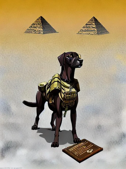 Prompt: black mountain cur dog in military gear in egypt 70s poster