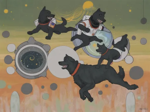 Prompt: abstract style art of black dogs in space in astronaut outfits