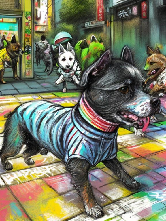 Prompt: pop art chalk pastel art of detailed dogs wearing clothes playing in the streets in japan during a festival, sketch, detailed background, highres, fun atmosphere, natural lighting,  abstract, fun