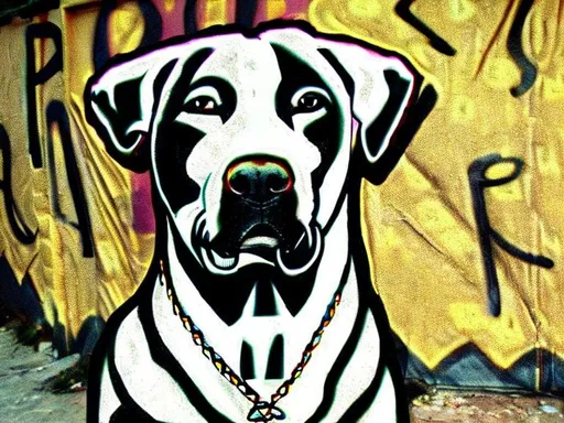 Prompt: mountain cur black dogs in gangster rappers clothing graffiti
