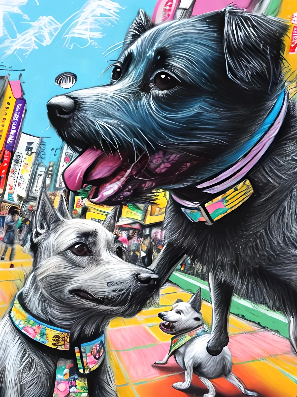 Prompt: pop art chalk pastel art of detailed dogs wearing clothes playing in the streets in japan during a festival, sketch, detailed background, highres, fun atmosphere, natural lighting,  abstract, fun