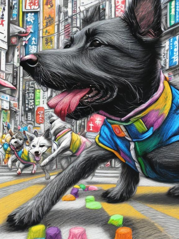 Prompt: pop art chalk pastel art of detailed dogs wearing clothes playing in the streets in japan during a festival, sketch, detailed background, highres, fun atmosphere, natural lighting,  abstract, fun