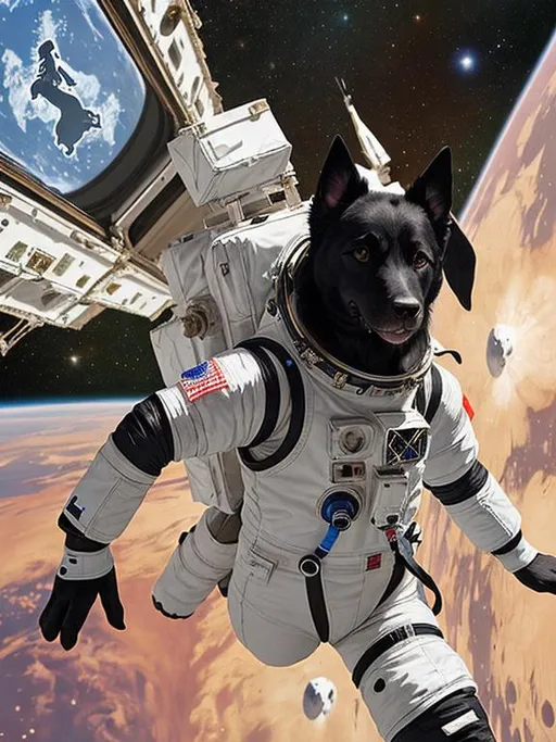Prompt: abstract style art of black dogs in space in astronaut outfits