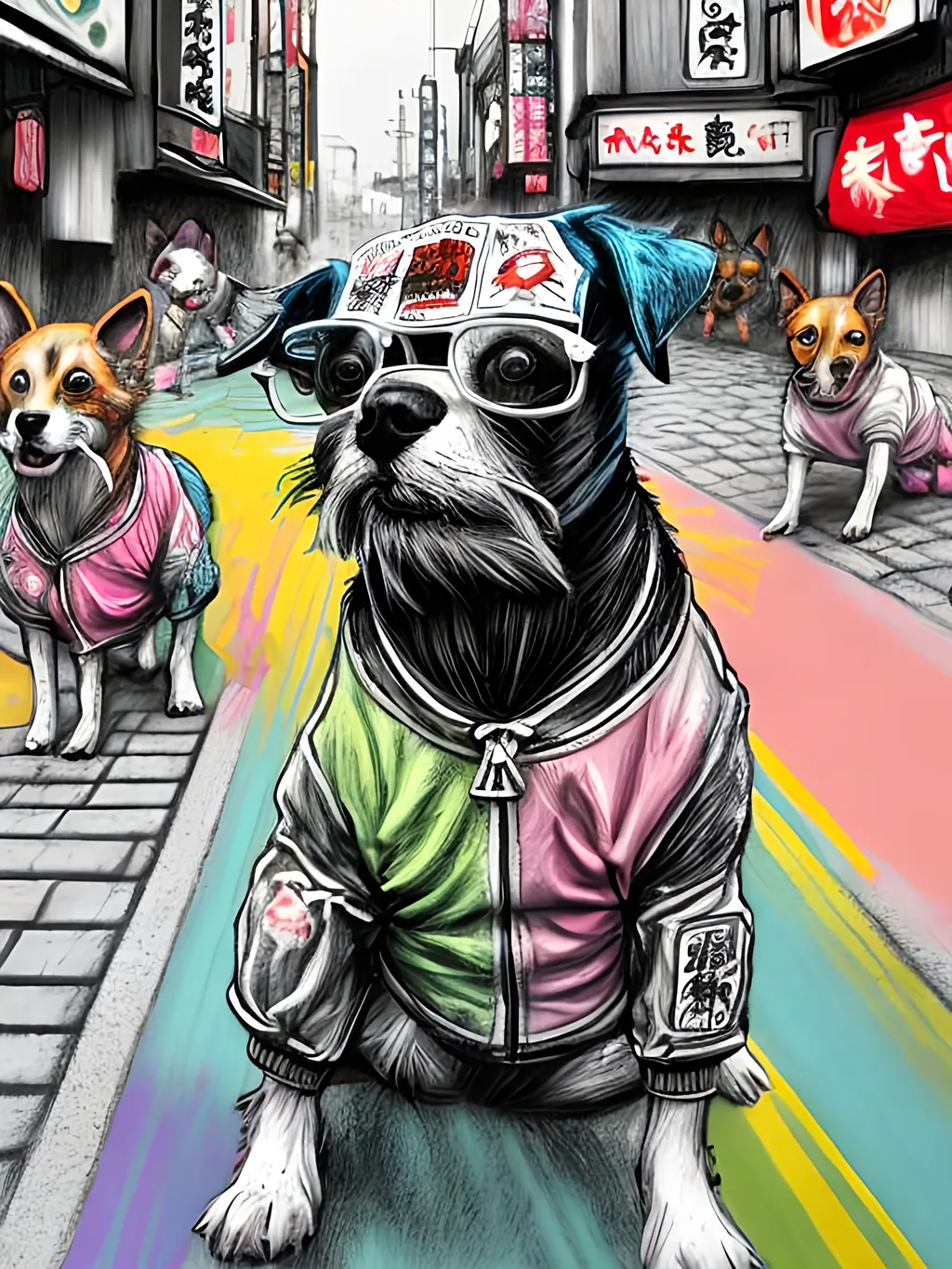 Prompt: pop art chalk pastel art of detailed dogs wearing gangster clothes playing in the streets in japan during a festival, sketch, detailed background, highres, fun atmosphere, natural lighting,  abstract, fun