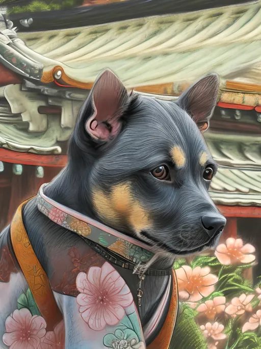 Prompt: chalk pastel style of a  detailed dog in a kimono at a shrine, sketch, detailed background, highres, fun atmosphere, natural lighting,  abstract, fun