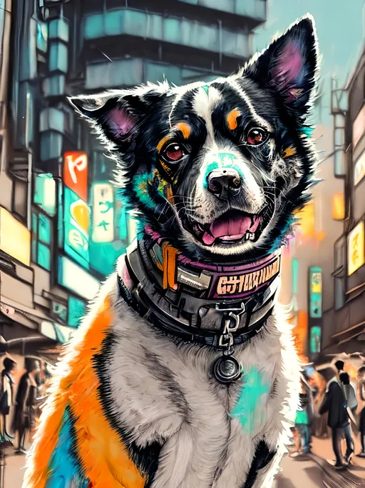 Prompt: a detailed grunge dog in cyberpunk Japan festival, chalk pastel, natural lighting, highres, detailed streets, fun, cyberpunk, detailed fur, vibrant colors, lively atmosphere, street festival, urban setting, chalk pastel art, detailed background, Japan, pop art, festival vibes, sketch