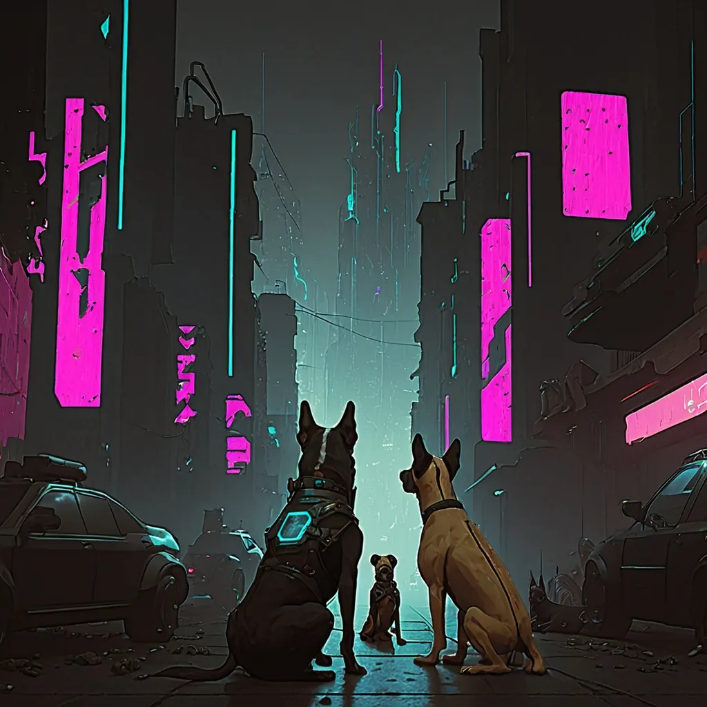 Prompt: cyberpunk city with dogs
