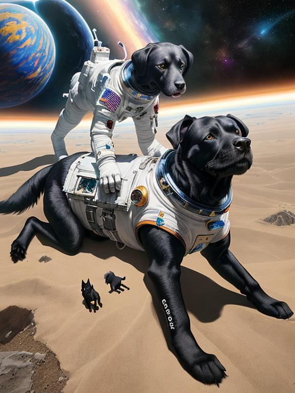 Prompt: Surrealism art, black dogs in astronaut outfits, space background, surrealistic, abstract, detailed fur, cosmic colors, dreamlike atmosphere, high quality, surrealism, astronaut dogs, abstract art, cosmic, detailed, surreal colors, space setting, dreamy lighting