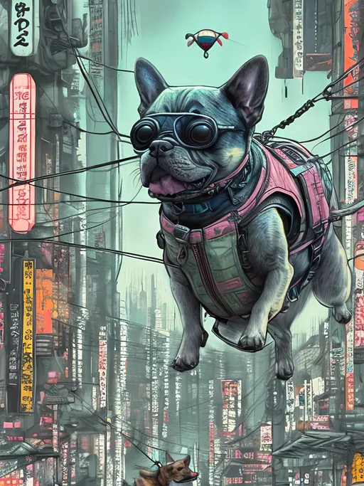 Prompt: chalk pastel style of a  detailed dog parachuting in cyberpunk japan, sketch, detailed background, highres, fun atmosphere, natural lighting,  abstract, fun