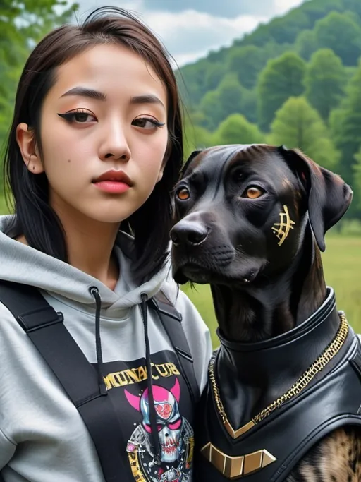 Prompt: mountain cur black dog cyber punk ninja with half korean half redneck girl