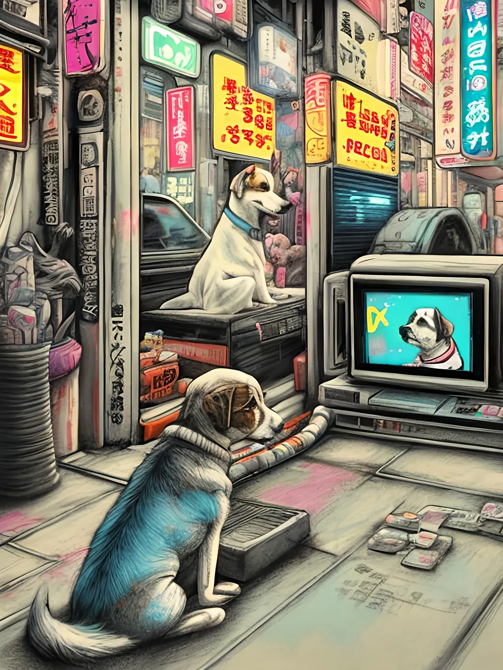 Prompt: pop art chalk pastel art of detailed dog watching tv in the streets in cyberpunk japan during a festival, sketch, detailed background, highres, fun atmosphere, natural lighting,  abstract, fun