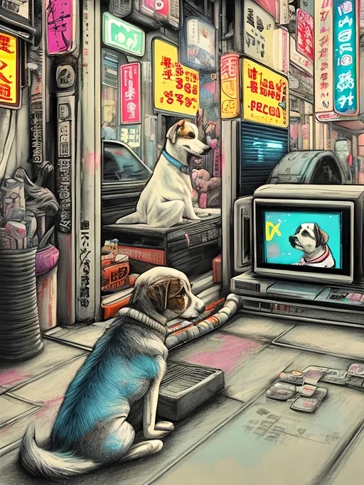 Prompt: pop art chalk pastel art of detailed dog watching tv in the streets in cyberpunk japan during a festival, sketch, detailed background, highres, fun atmosphere, natural lighting,  abstract, fun