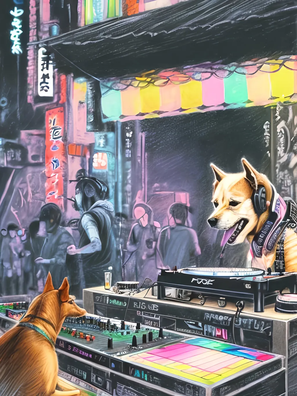 Prompt: chalk pastel art of detailed dog DJing in the streets in Japan during a festival, sketch, detailed background, highres, fun atmosphere, natural lighting,  abstract, fun