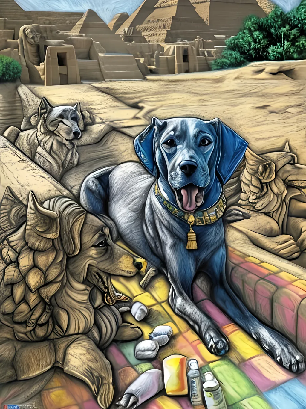 Prompt: pop art chalk pastel art of detailed dog as the sphinx in egypt, sketch, detailed background, highres, fun atmosphere, natural lighting,  abstract, fun