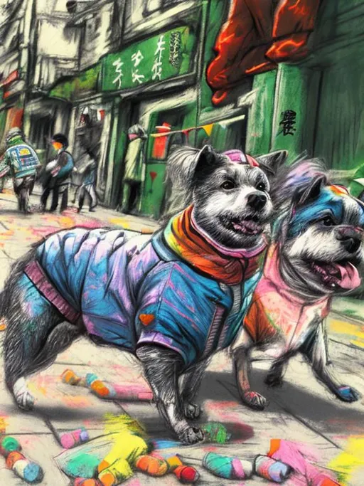 Prompt: pop art chalk pastel art of detailed dogs wearing clothes playing in the streets in japan during a festival, sketch, detailed background, highres, fun atmosphere, natural lighting,  abstract, fun