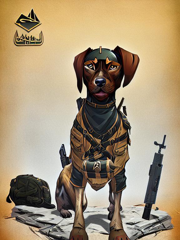 Prompt: black mountain cur dog in military gear in egypt 90s poster