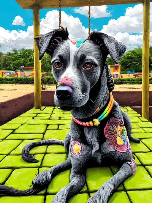 Prompt: pop art chalk pastel style of a  detailed dog getting its hair braided in Jamaica, sketch, detailed background, highres, fun atmosphere, natural lighting,  abstract, fun