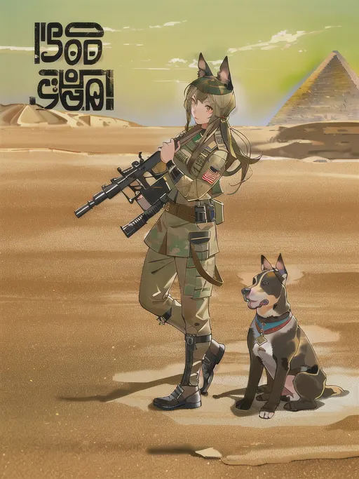 Prompt: black mountain cur dog in military gear in egypt