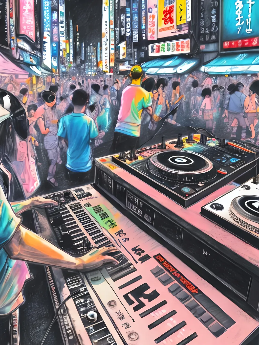 Prompt: chalk pastel art of detailed dog DJing in the streets in Japan during a festival, sketch, detailed background, highres, fun atmosphere, natural lighting,  abstract, fun