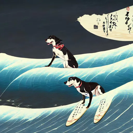 Prompt: black mountain cur dogs surfing in hiroshige wave wearing pro trump clothes