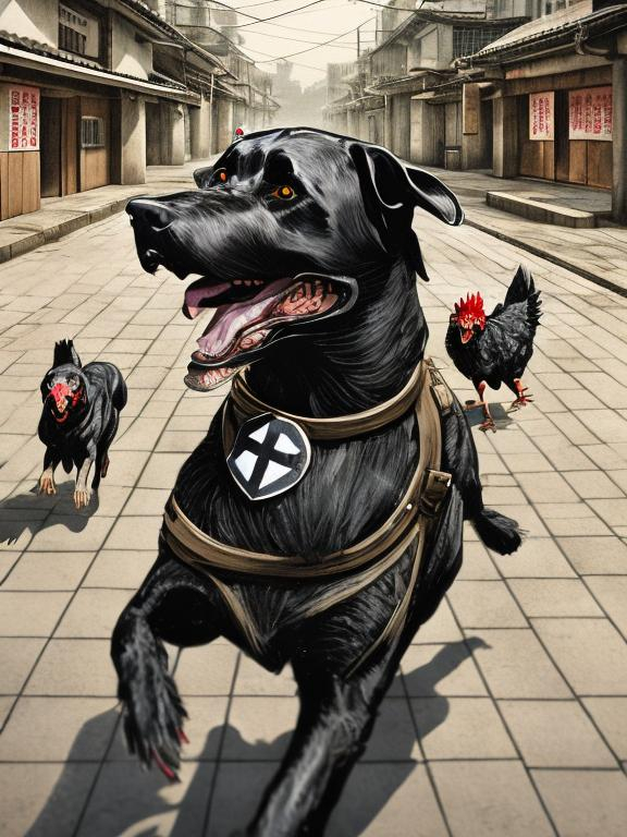 Prompt: a black dog wearing a nazi uniform chasing a chicken in the streets in japan, sketch, detailed background, highres, fun atmosphere, natural lighting, pastel colors, abstract, fun