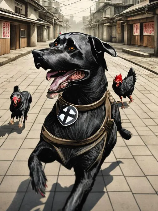 Prompt: a black dog wearing a nazi uniform chasing a chicken in the streets in japan, sketch, detailed background, highres, fun atmosphere, natural lighting, pastel colors, abstract, fun