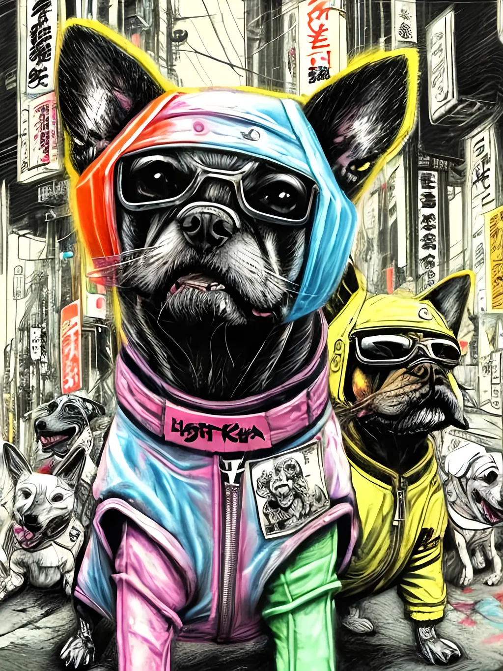 Prompt: pop art chalk pastel art of detailed dogs wearing gangster clothes playing in the streets in cyberpunk japan during a festival, sketch, detailed background, highres, fun atmosphere, natural lighting,  abstract, fun