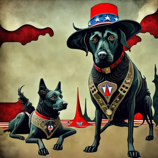 Prompt: Art Nouveau, surreal, abstract art of black dogs in patriotic soldier outfits, cowboy hat, high contrast, dreamlike, otherworldly, fun atmosphere, mysterious, professional art, abstract, vibrant colors, atmospheric lighting, USA, surreal style, vibrant, high-quality