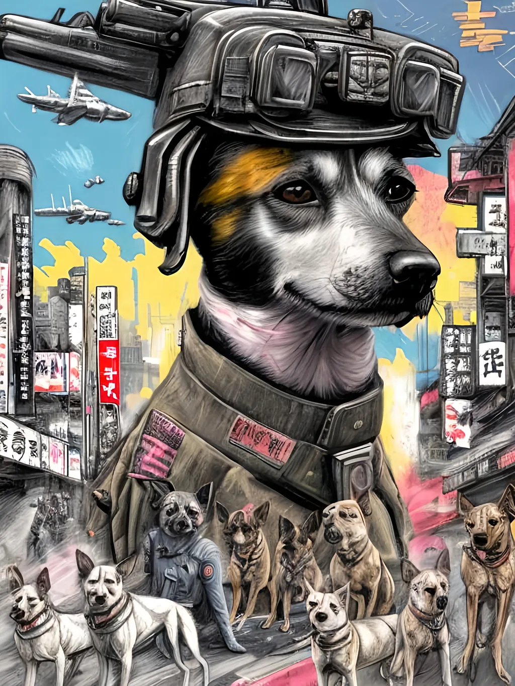 Prompt: pop art chalk pastel art of a detailed dogs wearing military uniforms on the streets in cyberpunk japan during a festival with planes in the background, sketch, detailed background, highres, fun atmosphere, natural lighting,  abstract, fun