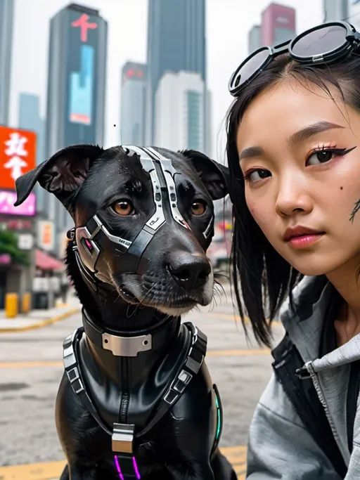 Prompt: mountain cur black dog with half asian girl in cyberpunk city