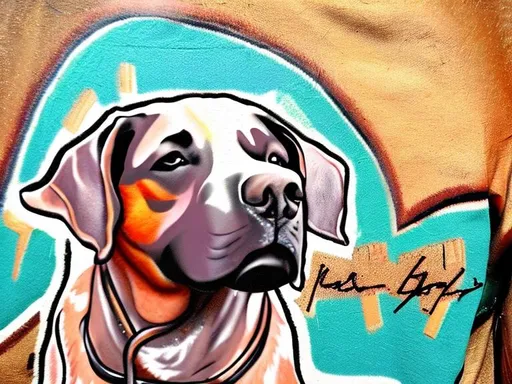 Prompt: mountain cur black dogs in gangster rappers clothing graffiti