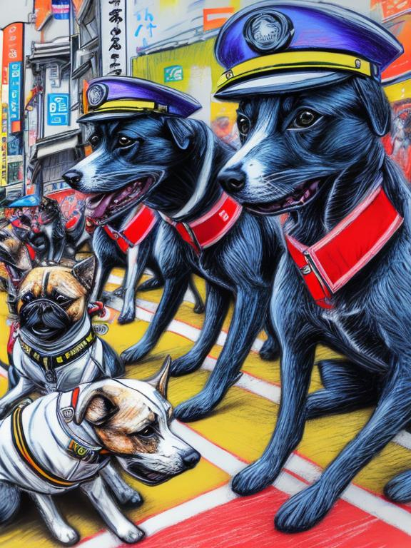 Prompt: pop art chalk pastel art of detailed dogs wearing pilot uniforms playing in the streets in japan during a festival, sketch, detailed background, highres, fun atmosphere, natural lighting,  abstract, fun