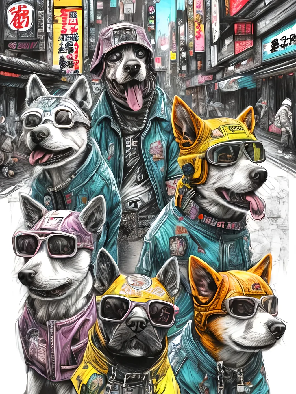 Prompt: pop art chalk pastel art of detailed dogs wearing gangster clothes playing in the streets in cyberpunk japan during a festival, sketch, detailed background, highres, fun atmosphere, natural lighting,  abstract, fun